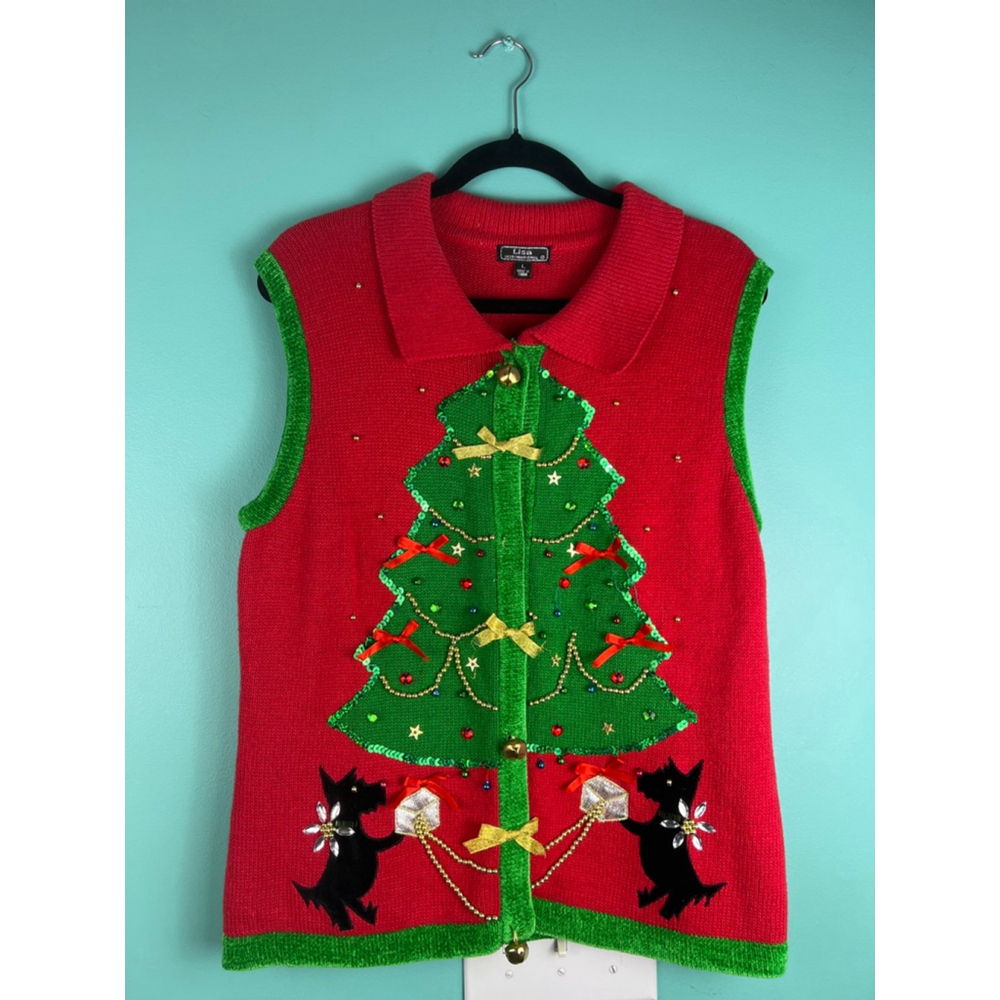 Women's Lisa International Red Green Gold Christmas Tree Sweater Vest L VTG